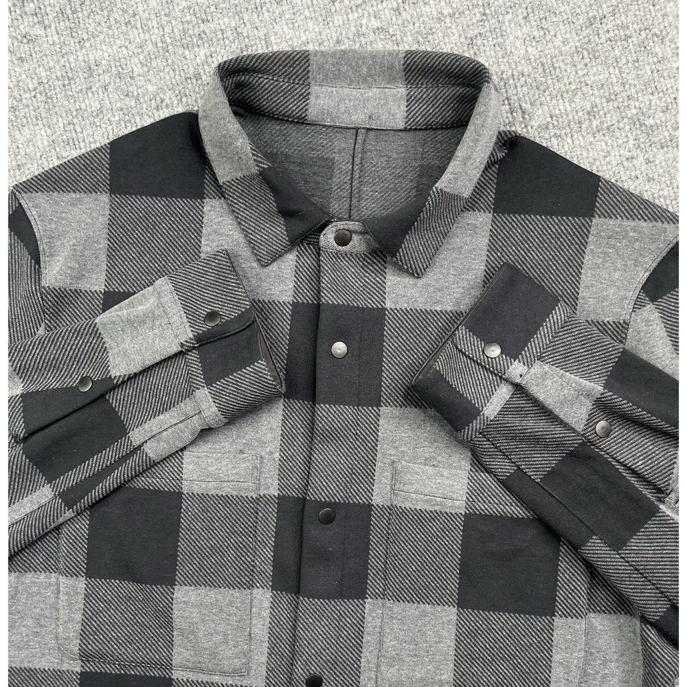 Lululemon Soft Knit Overshirt Mens M Check Plaid Black Graphite Gray Snap Button
